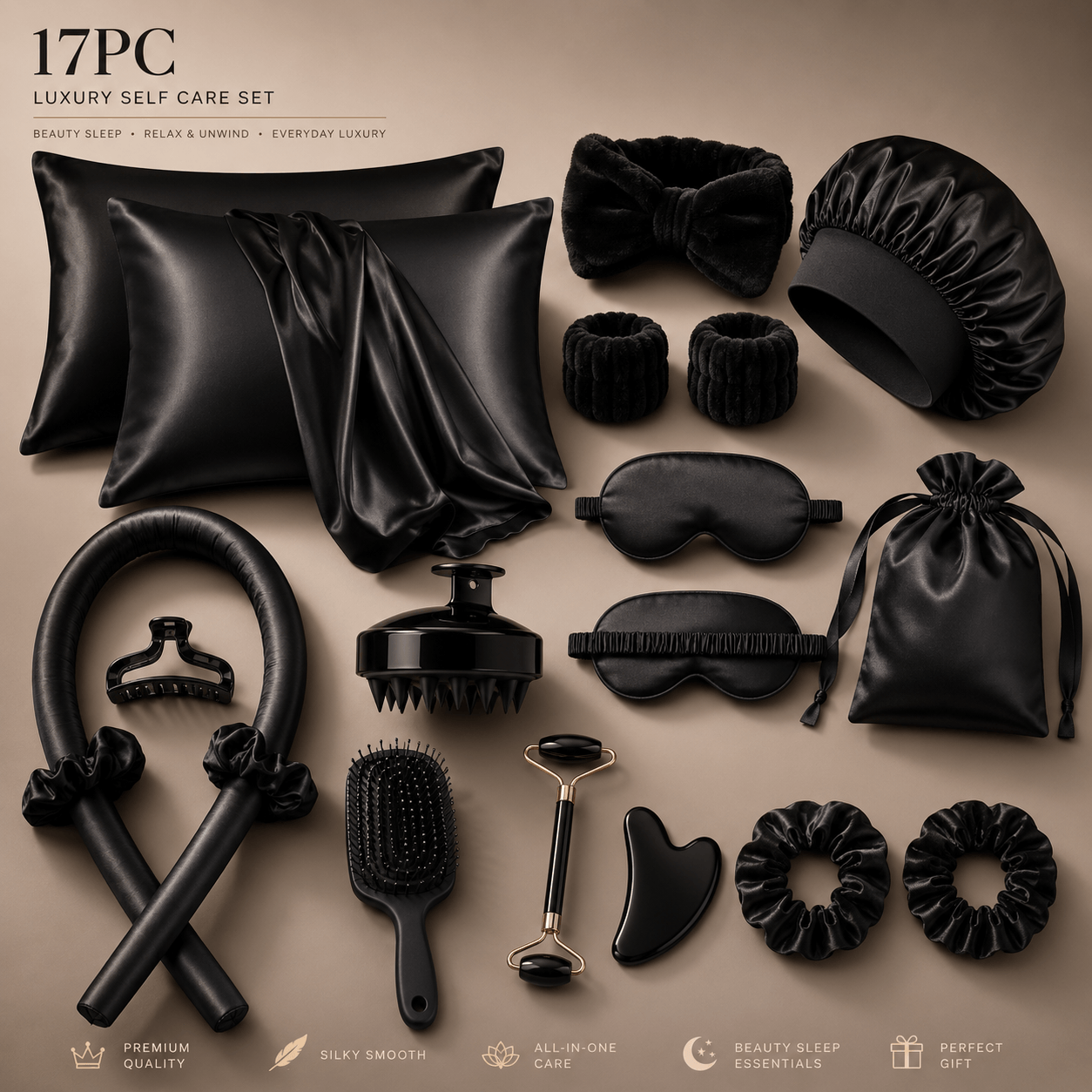 Luxury Satin Self-Care Set – 17PC Beauty Sleep & Hair Care