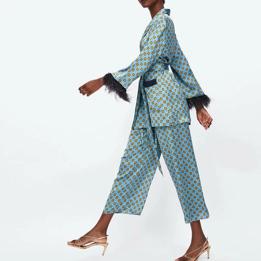 Kimono Jacket With Feather Sleeves Wide Leg Pants Two-piece Clothing Suits