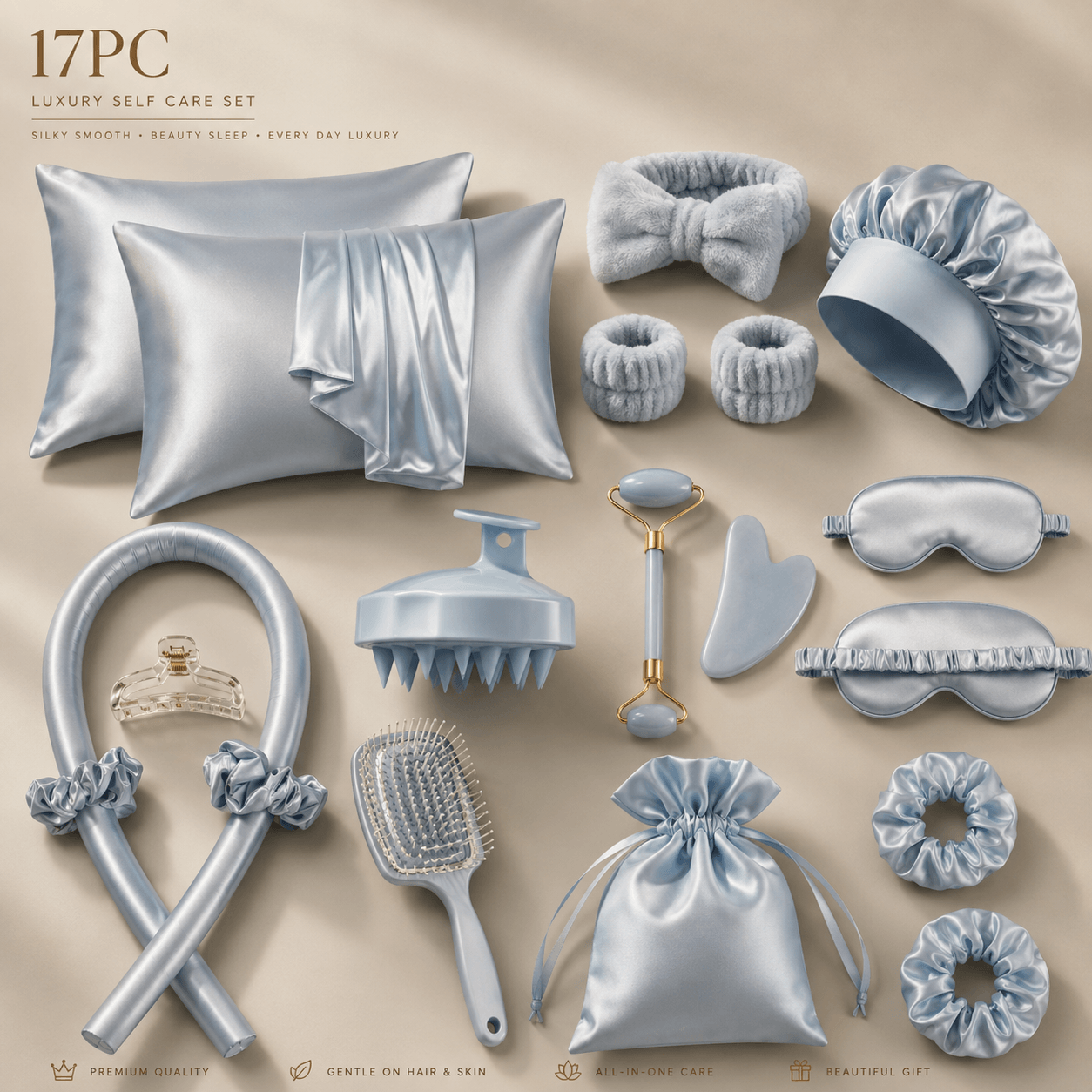 Luxury Satin Self-Care Set – 17PC Beauty Sleep & Hair Care