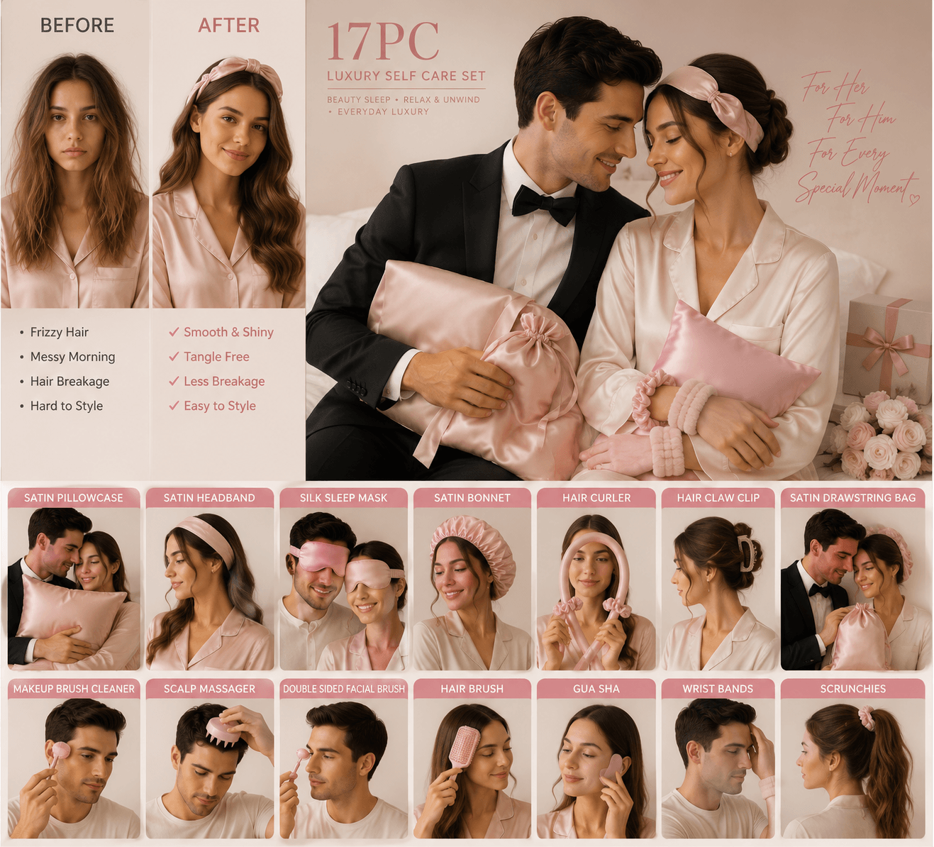 Luxury Satin Self-Care Set – 17PC Beauty Sleep & Hair Care